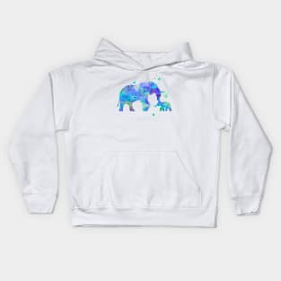 Blue Mom and Baby Elephant Watercolor Painting Kids Hoodie